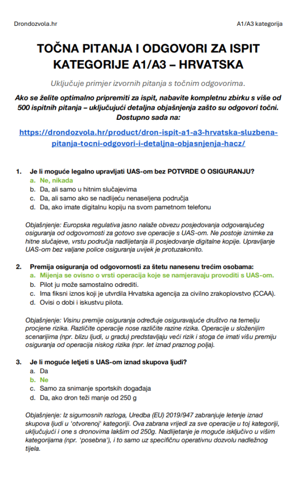 Ispit za Dron A1/A3 Hrvatska – Cjelovita teorija, 500+ pitanja u stilu ispita s odgovorima i detaljnim objašnjenjima - Slika 2