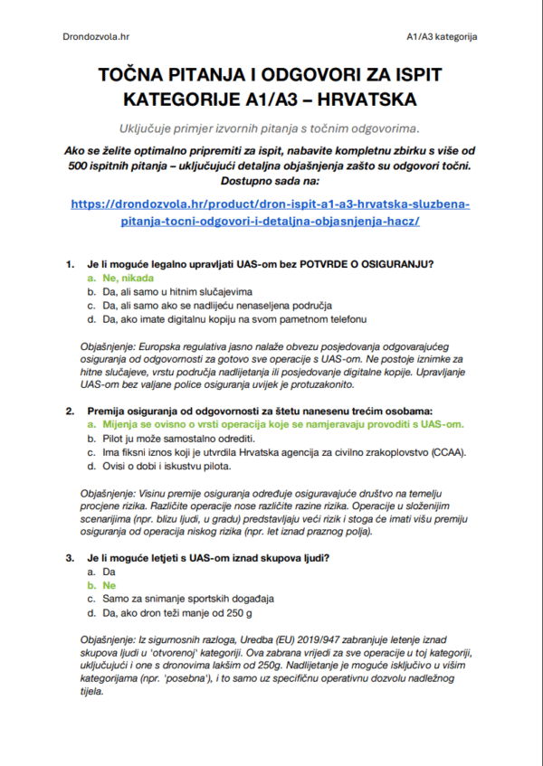 Ispit za Dron A1/A3 Hrvatska – Cjelovita teorija, 500+ pitanja u stilu ispita s odgovorima i detaljnim objašnjenjima