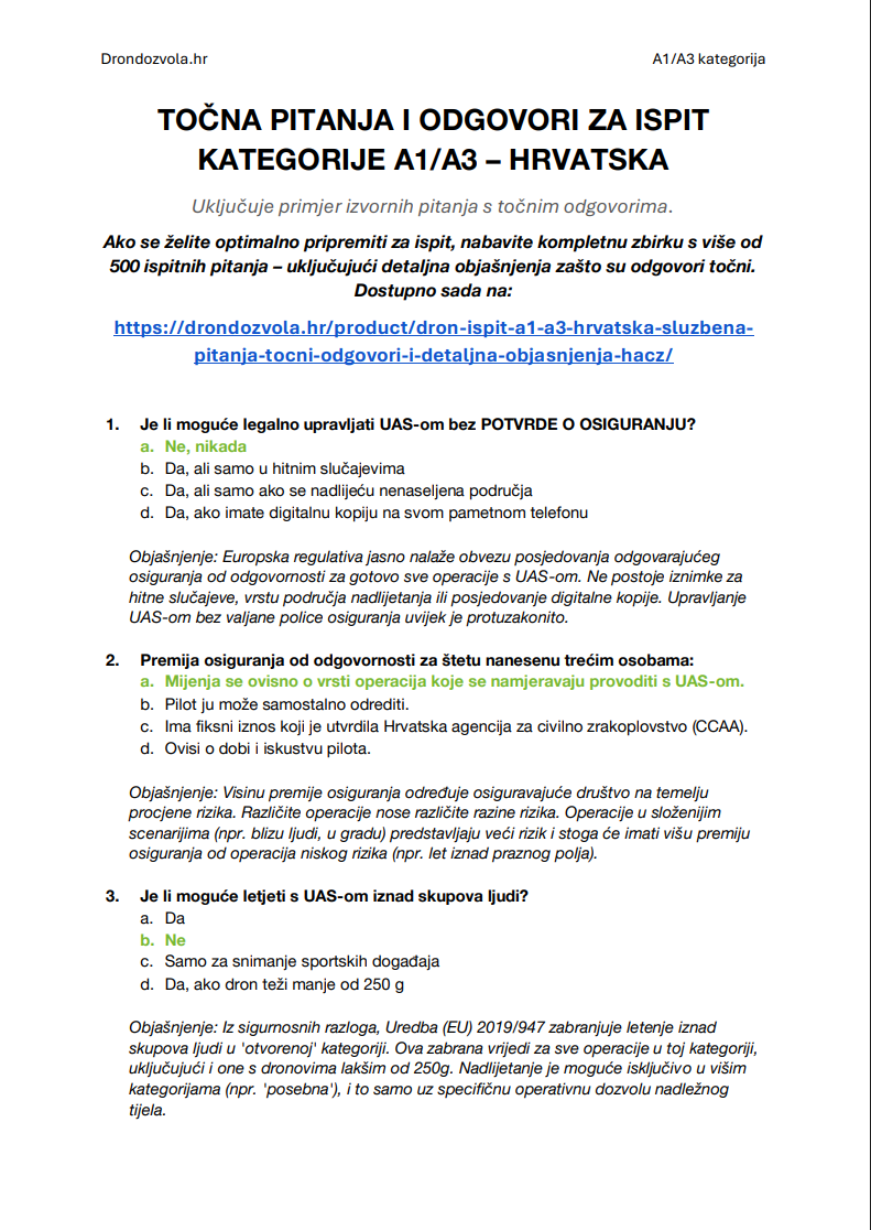 Ispit za Dron A1/A3 Hrvatska – Cjelovita teorija, 500+ pitanja u stilu ispita s odgovorima i detaljnim objašnjenjima - Slika 2