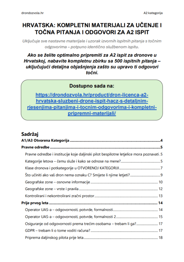 Ispit za A2 licencu za dron Hrvatska – Napredna teorija, kompletni materijali i više od 500 ispitnih pitanja i odgovora