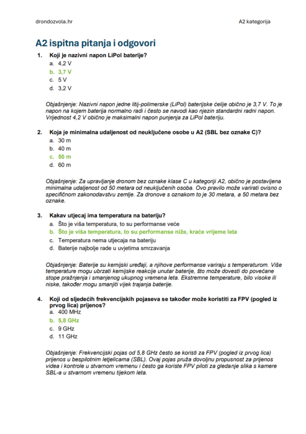 Ispit za A2 licencu za dron Hrvatska – Napredna teorija, kompletni materijali i više od 500 ispitnih pitanja i odgovora